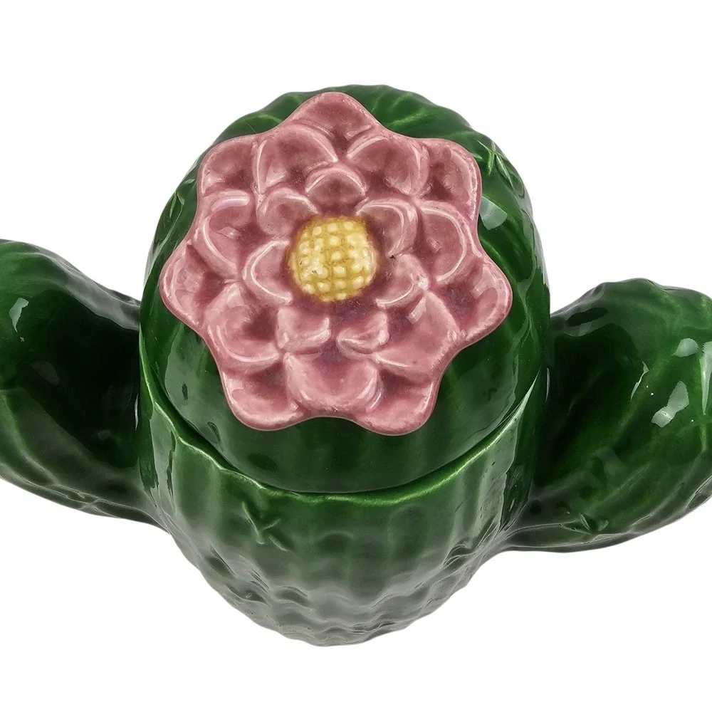 Green Ceramic Cactus Cookie Jar Pink Flower Lid Saguaro Desert Kitchen Decor